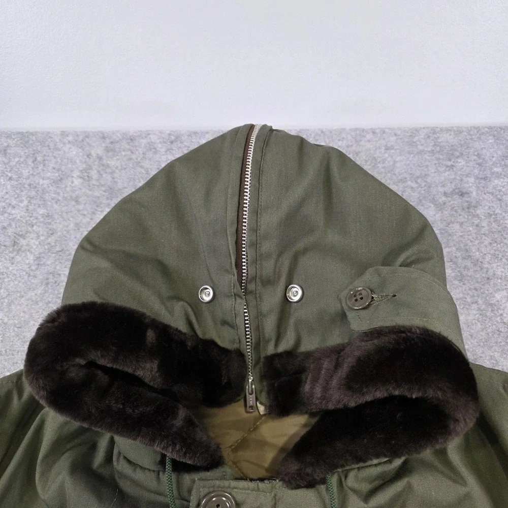 VTG LL Bean Parka Coat Mens 44 Green Hooded Canvas Fur Lined Insulated Military